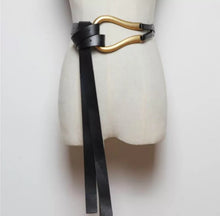 Load image into Gallery viewer, Black double strap designer belt with large gold buckle
